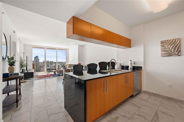 kitchen featuring floor to ceiling windows, sink, and stainless steel dishwasher