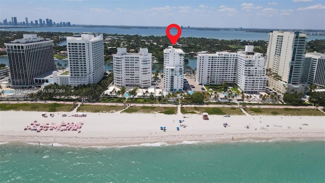 aerial view with a water view and a view of the beach