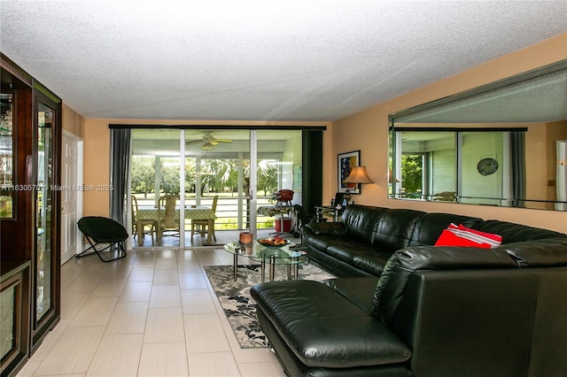 living room featuring a textured ceiling