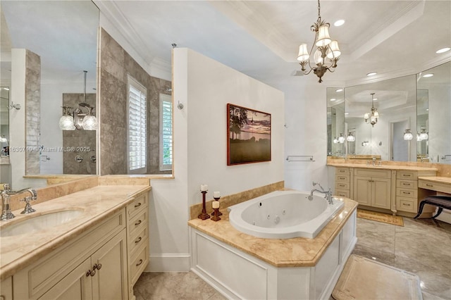 bathroom with tile patterned floors, crown molding, a chandelier, vanity, and a raised ceiling