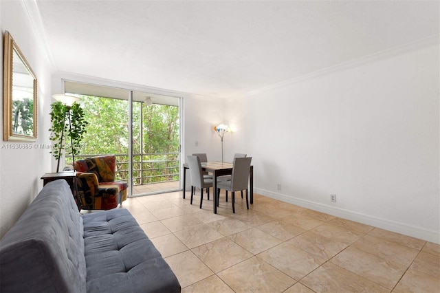 living room with light tile patterned floors and ornamental molding