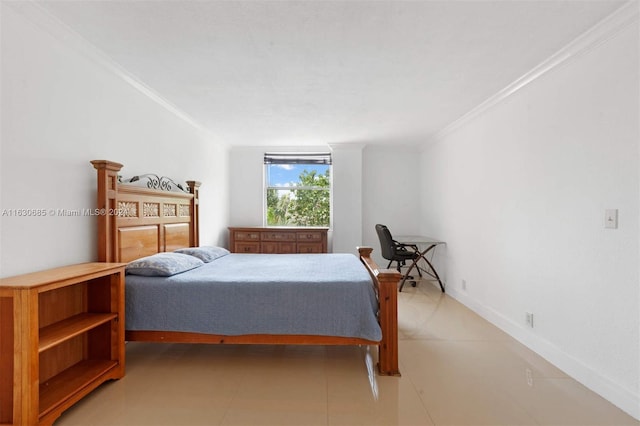 bedroom with tile patterned flooring and crown molding