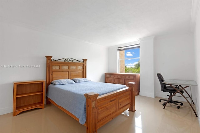 tiled bedroom with ornamental molding