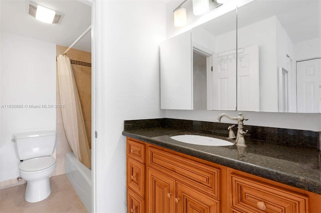 bathroom featuring visible vents, shower / bathtub combination with curtain, toilet, tile patterned flooring, and vanity