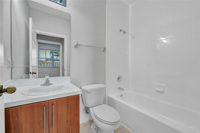 full bathroom featuring vanity, tub / shower combination, tile patterned flooring, and toilet