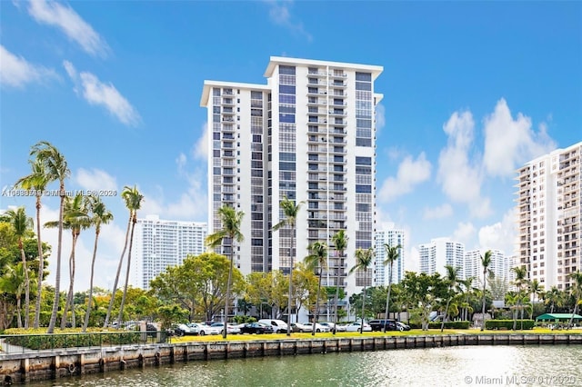 view of building exterior featuring a water view