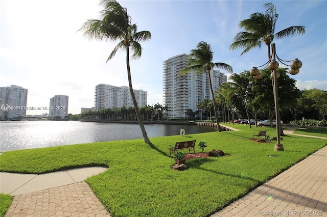 view of community with a water view and a lawn