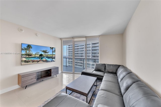 tiled living room with expansive windows