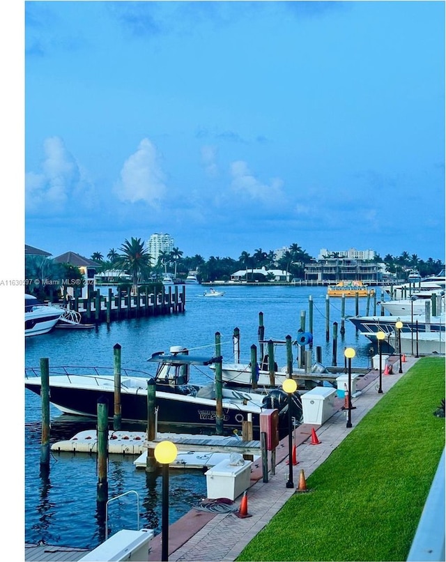 dock area featuring a water view and a yard