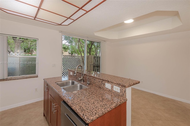 kitchen with stainless steel dishwasher, a raised ceiling, sink, and an island with sink