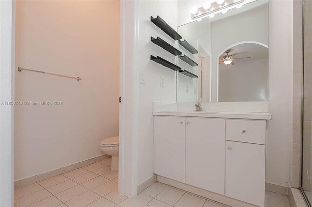 bathroom featuring tile patterned flooring, ceiling fan, toilet, and vanity