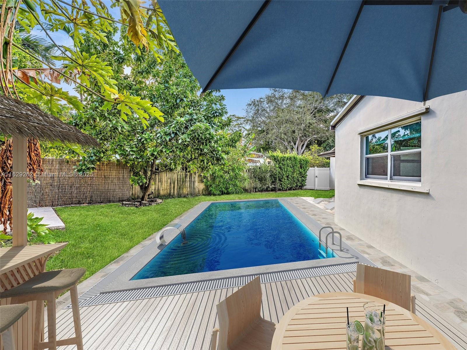 view of pool featuring a lawn