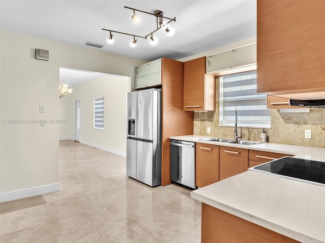 kitchen featuring backsplash, appliances with stainless steel finishes, and sink