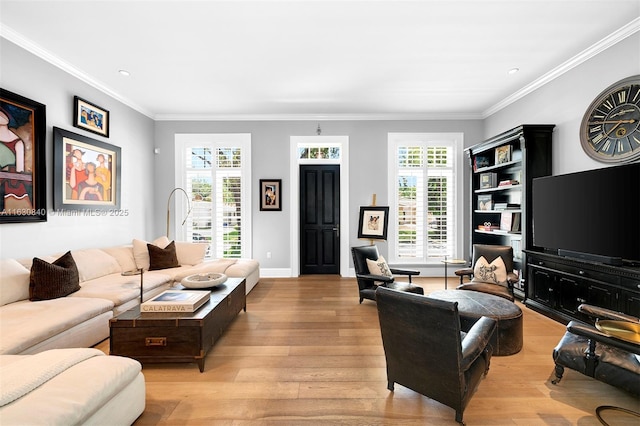 living room with plenty of natural light, ornamental molding, and light hardwood / wood-style flooring