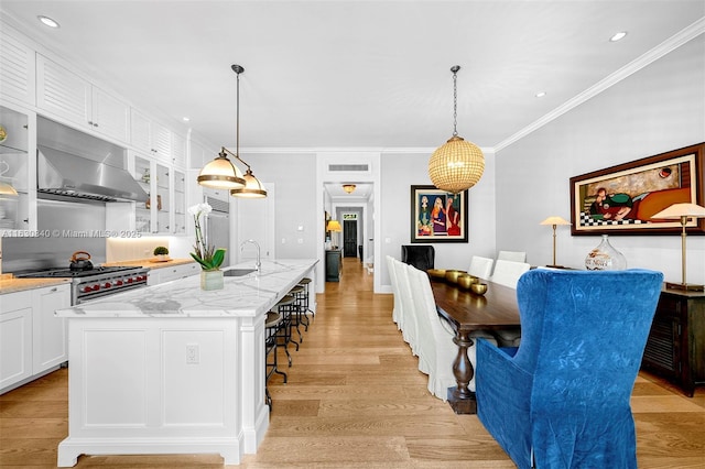 kitchen with white cabinets, light stone countertops, an island with sink, and hanging light fixtures