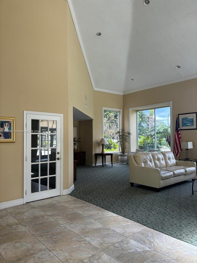 carpeted living room featuring ornamental molding, a textured ceiling, and a high ceiling