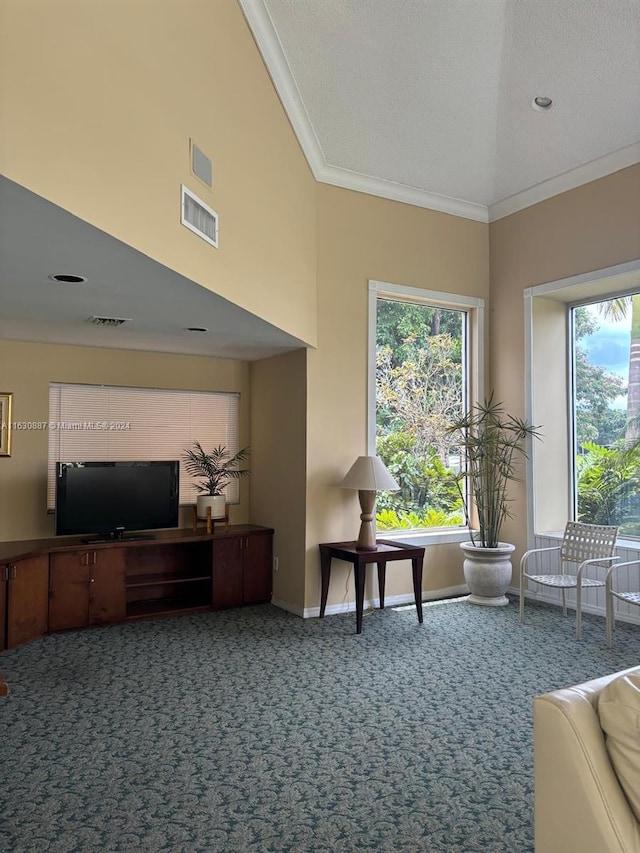 living room with carpet floors, ornamental molding, and a textured ceiling