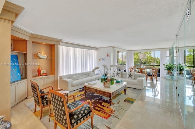 tiled living room featuring built in features, a textured ceiling, and crown molding