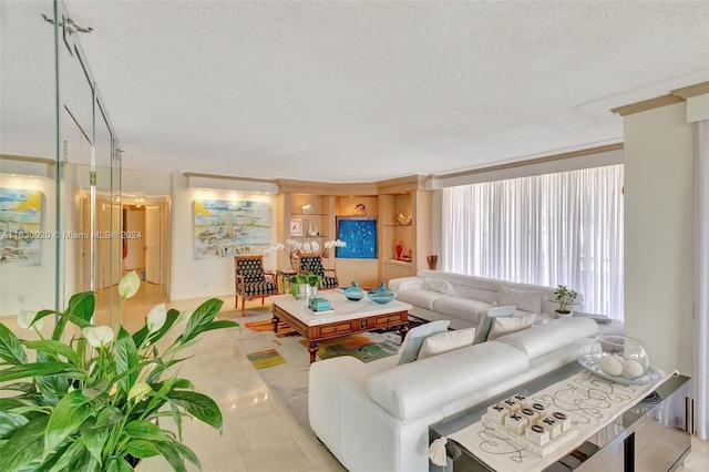 tiled living room featuring a textured ceiling and built in features