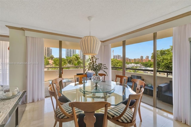 tiled dining room featuring a textured ceiling and a wealth of natural light