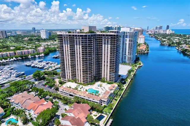 bird's eye view with a water view