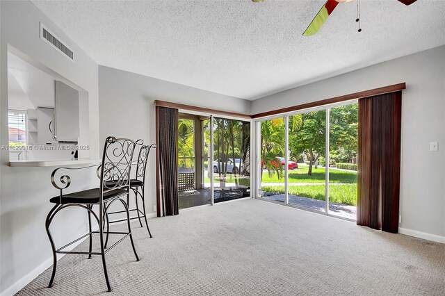 interior space featuring carpet floors, a textured ceiling, and ceiling fan