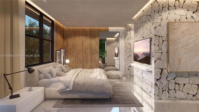 bedroom featuring wooden walls