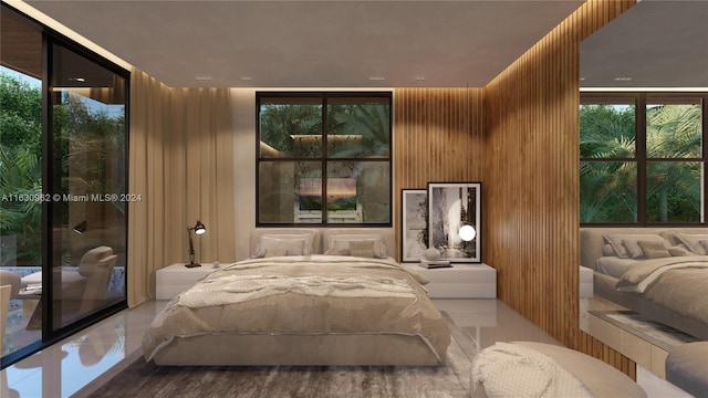 bedroom with multiple windows, wooden walls, access to outside, and tile patterned floors