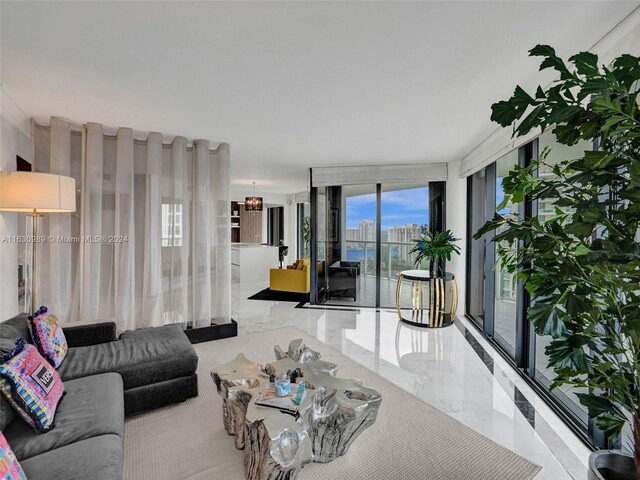 tiled living room with expansive windows