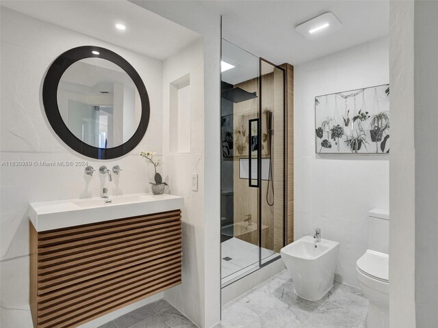 bathroom featuring vanity, walk in shower, a bidet, toilet, and tile patterned flooring