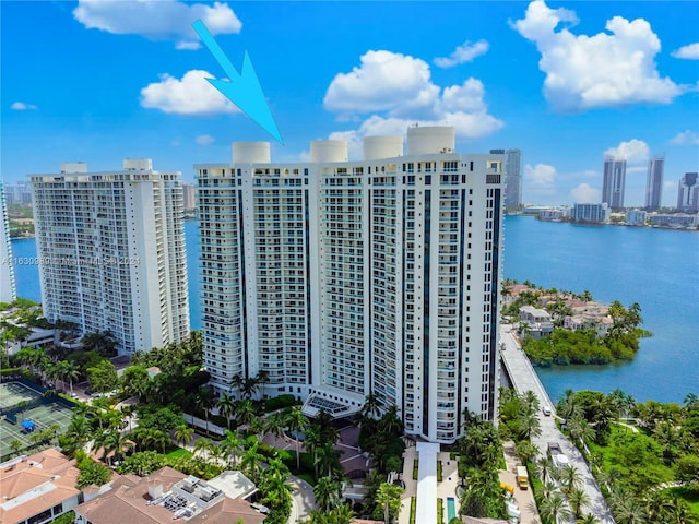 aerial view featuring a water view