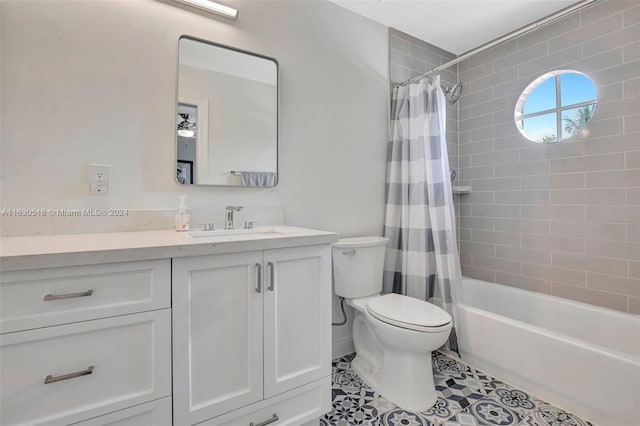 full bathroom featuring toilet, tile patterned floors, shower / bathtub combination with curtain, and vanity