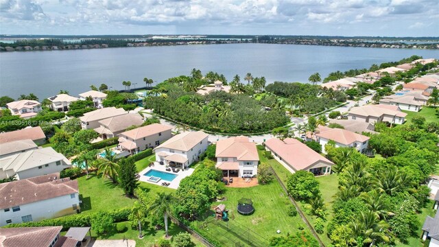 bird's eye view with a water view