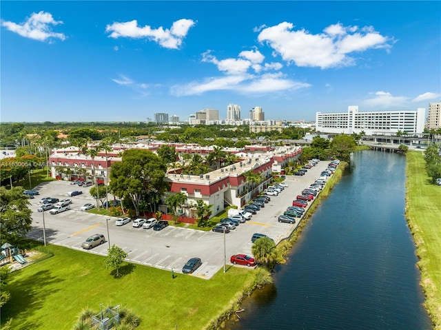 drone / aerial view featuring a water view