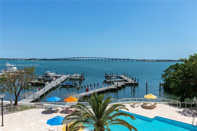 view of dock featuring a patio and a water view