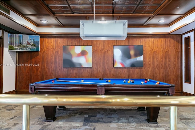 recreation room with crown molding, pool table, and wooden walls