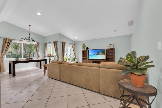 living area featuring light tile patterned floors, visible vents, lofted ceiling, and recessed lighting