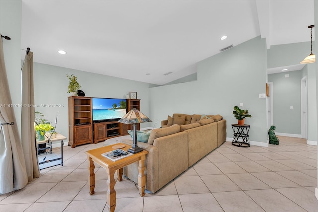 living room featuring light tile patterned floors, visible vents, recessed lighting, and vaulted ceiling