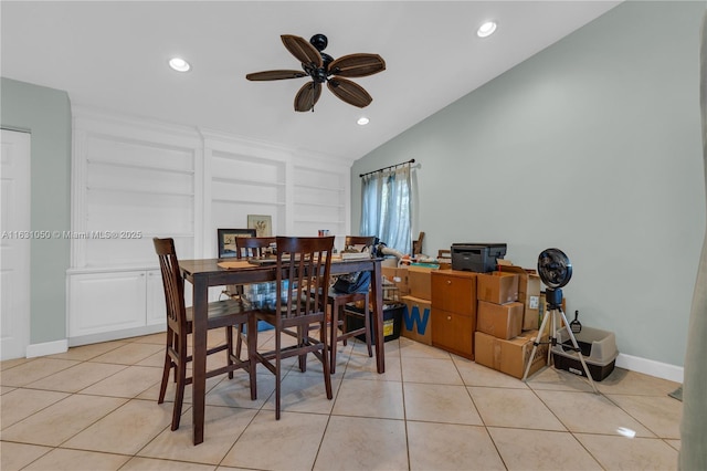 dining area with light tile patterned floors, a ceiling fan, baseboards, built in features, and recessed lighting