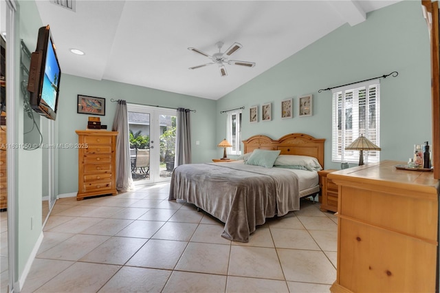 bedroom with access to outside, light tile patterned flooring, french doors, and vaulted ceiling with beams