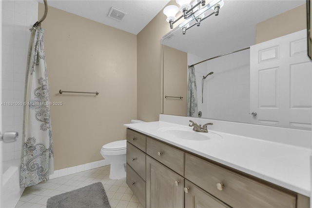 full bathroom featuring tile patterned floors, visible vents, toilet, baseboards, and vanity