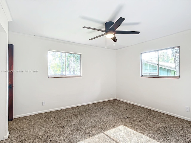 carpeted empty room with ceiling fan, plenty of natural light, and crown molding