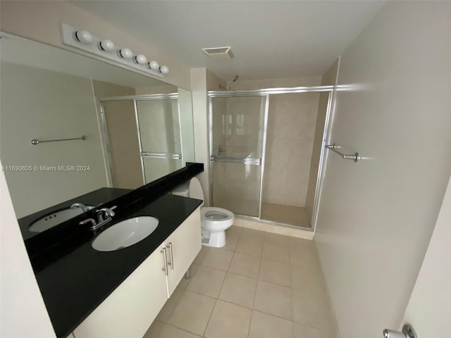 full bath featuring visible vents, toilet, vanity, tile patterned flooring, and a stall shower
