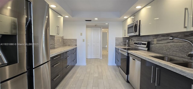 kitchen featuring sink, light stone counters, light wood-type flooring, a raised ceiling, and stainless steel appliances