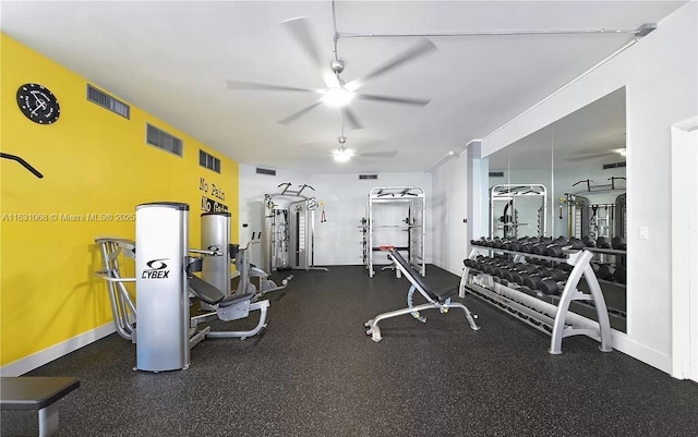 workout area featuring ceiling fan