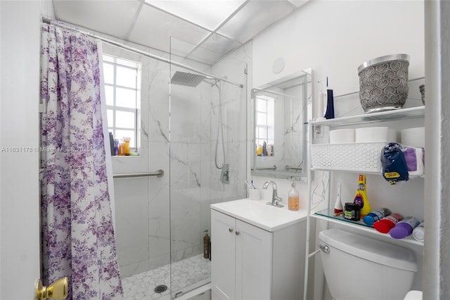 bathroom with an enclosed shower, vanity, and toilet