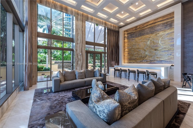 17749 Collins Ave Unit 1802, Sunny Isles Beach, FL 33160 - living area with a towering ceiling, coffered ceiling, and marble finish floors