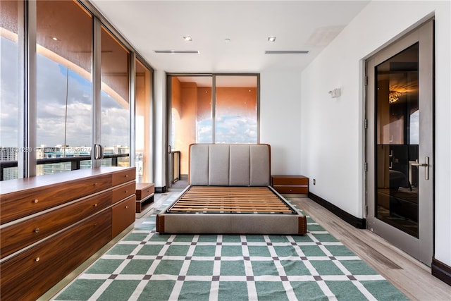 interior space with multiple windows, a wall of windows, and hardwood / wood-style floors