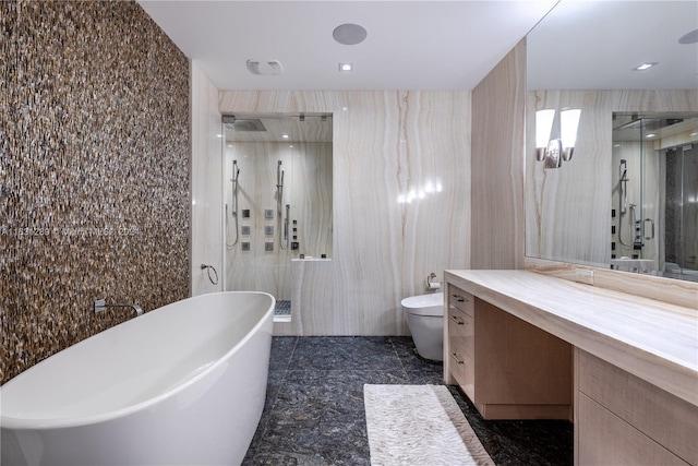 full bathroom with tile patterned floors, toilet, independent shower and bath, and vanity