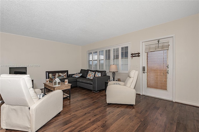 living room with dark hardwood / wood-style floors and a textured ceiling